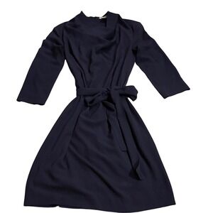 HM Navy Blue Draped Neck Tie Waist 3/4 Sleeve Sheath Dress Size 4
